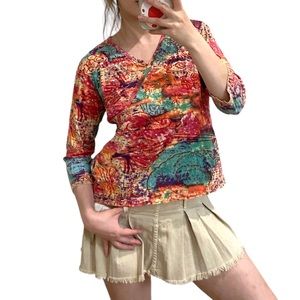 Y2K BRIGHT RED PATTERN WRAP TOP QUARTER SLEEVE SIZE SMALL MEDIUM